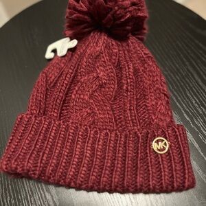 NWT Michael Kors Burgundy Cable Knit PomPom Hat